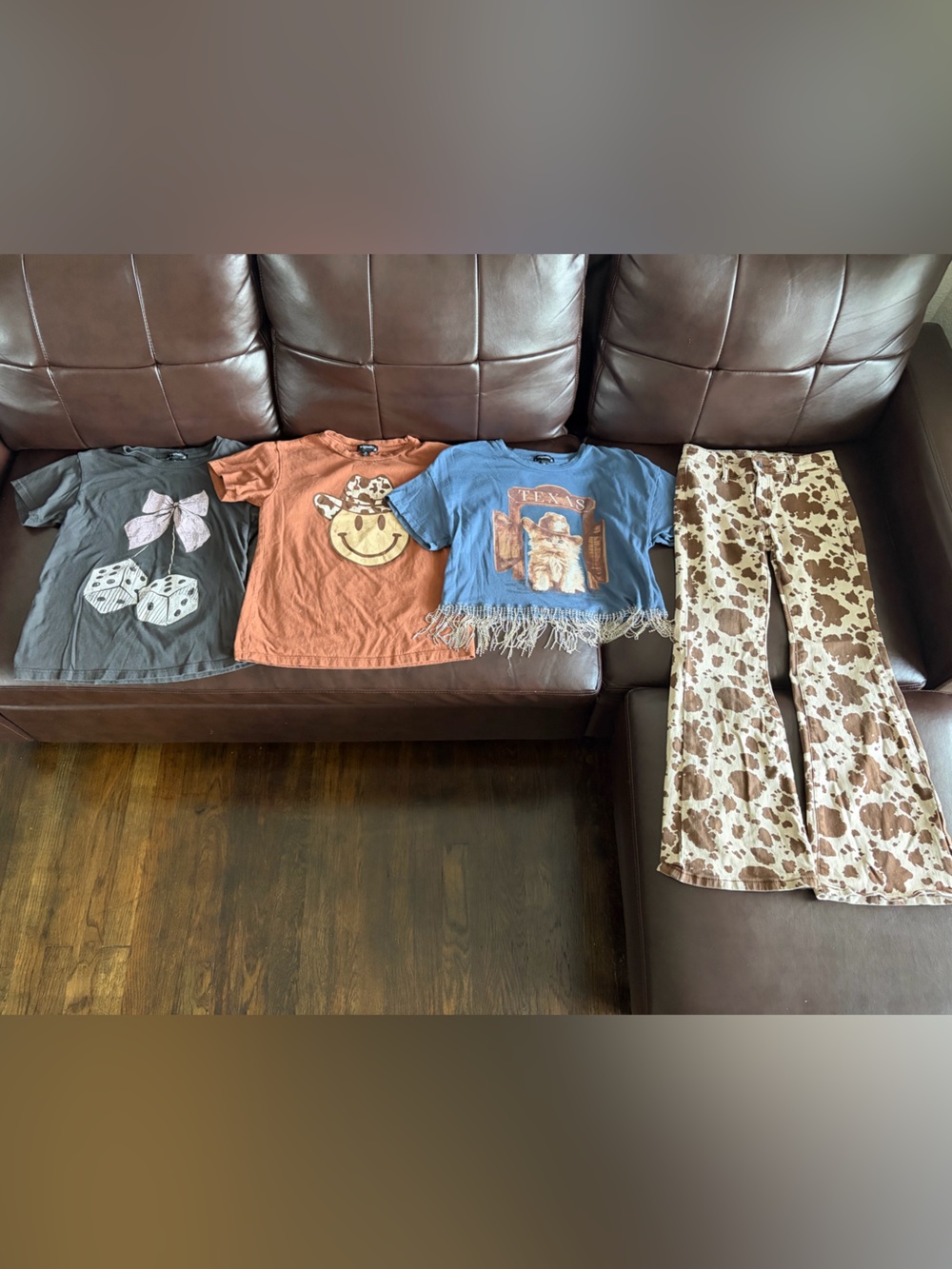 Graphic Tee Trio and Cowprint Bell-Bottoms - Gray, Rust, Blue, Brown